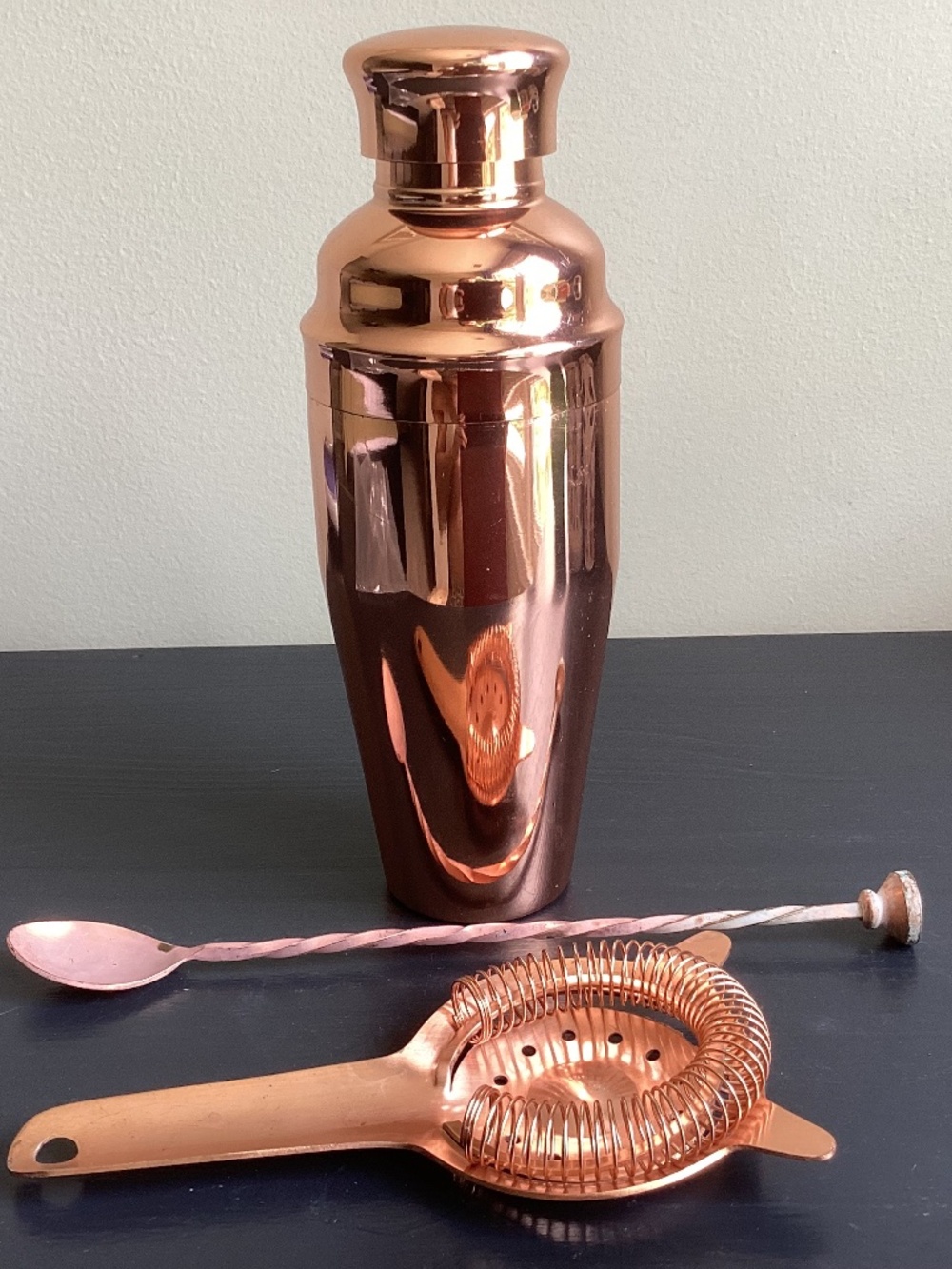 OGGI 5 PC Drink Mixer Set Shaker, Strainer, and Spoon Copper Plated Finish